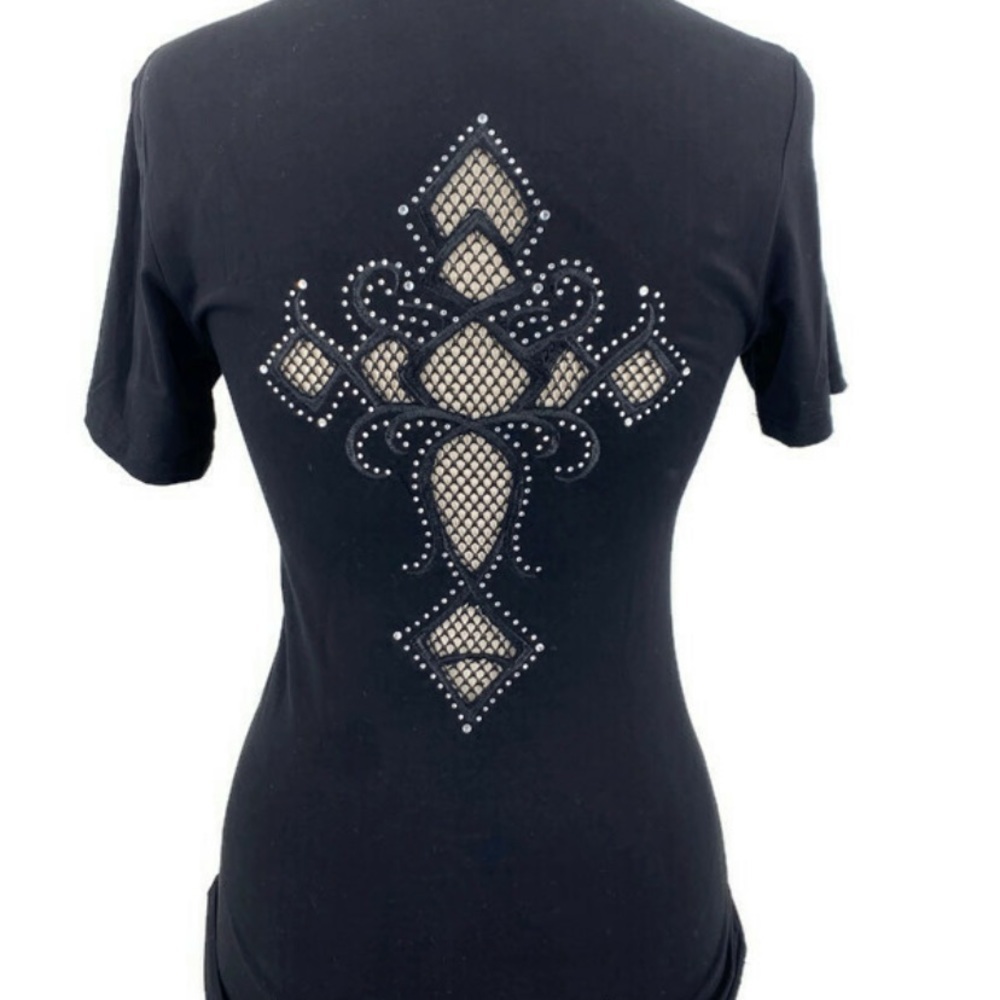 Tee Black Small Mesh See Through Cross Short Sleeve Rhinestones Biker Sexy NWT S - Picture 6 of 7